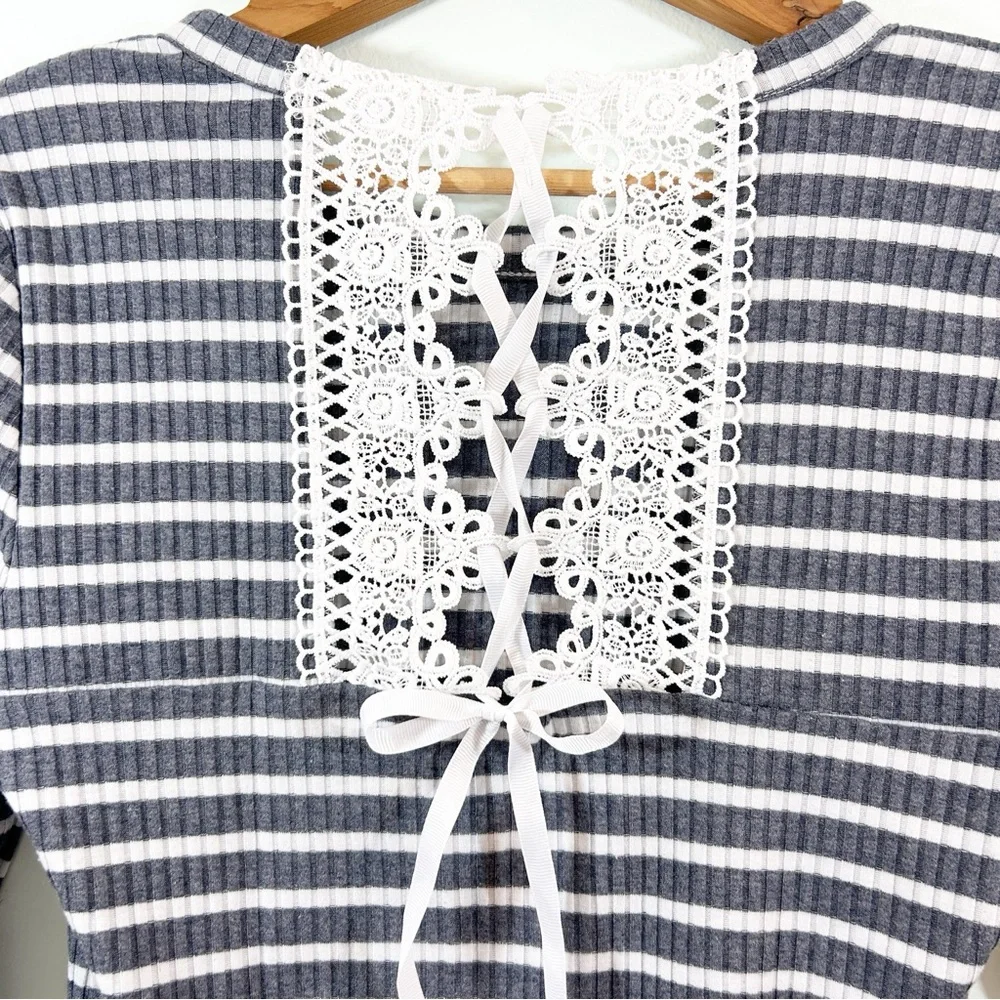 American Rag Cie Lace Up Tie Ribbed Blue White Stripe Long Sleeve Stretch Top L